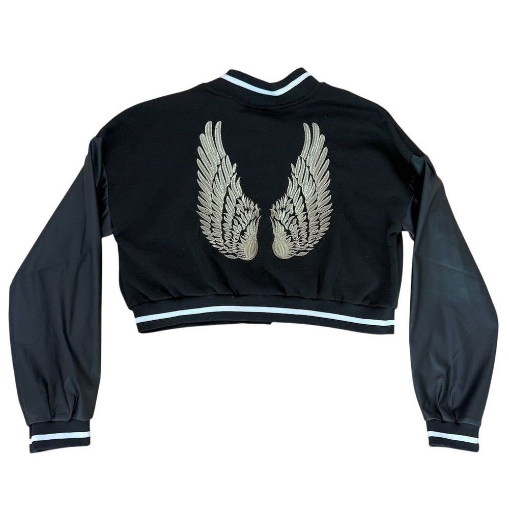 Women's Cropped Varsity Jacket Black Button-Down Striped Cuffs M angel Mundefeis